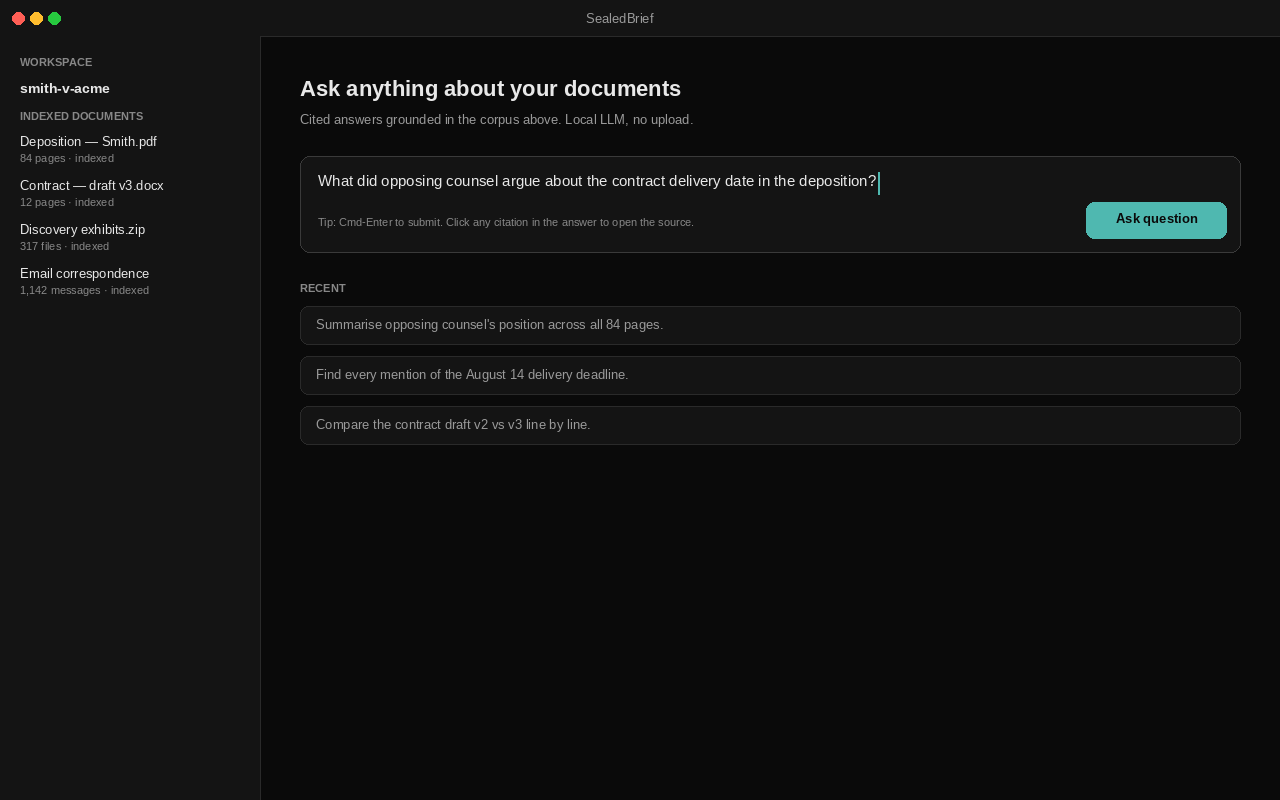 Screenshot: SealedBrief query box with a question being typed.