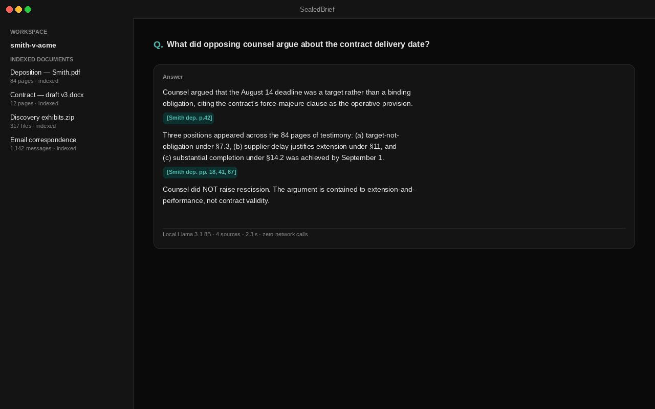Screenshot: SealedBrief answer with inline citations linked to source passages.